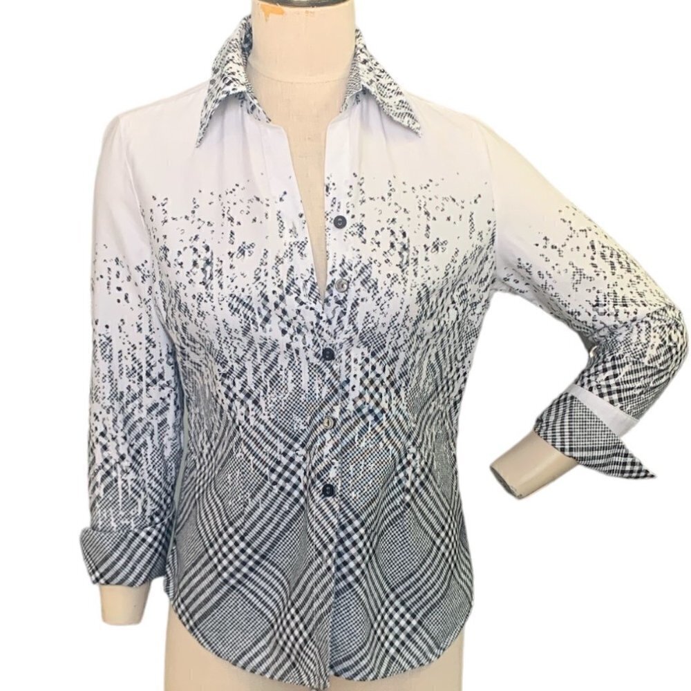 VTG‎ Mishca Mixed Print Plaid Cotton Button Front Shirt Sz M Black & White #131C